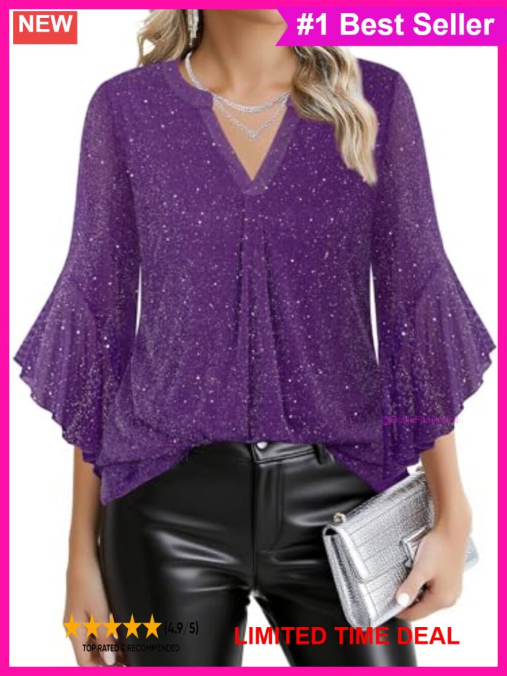 Sparkly Sequin Ruffle 3/4 Sleeve V-Neck Tunic Blouse Dressy Evening